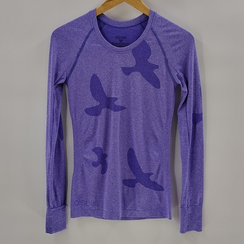 Oiselle Fly Running Top Size Small Purple Bird Print Long Sleeve Thumb Holes